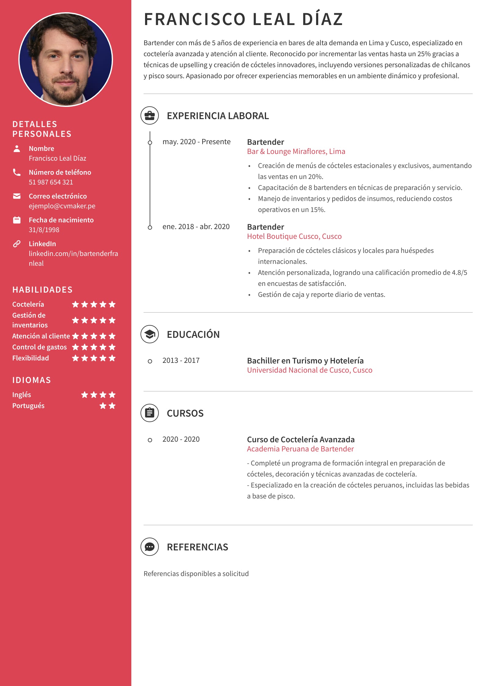 Ejemplo de CV de bartender